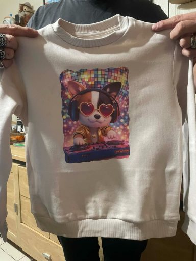 Un sweat-shirt beige avec un motif de chien portant des lunettes en cœur et des écouteurs.